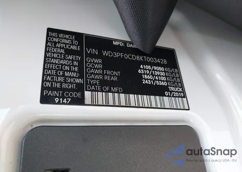 2019 Mercedes-Benz Sprinter 2500 High Roof V6/Standard Roof V6 из США, поврежденный, VIN WD3PF0CD8KT003428